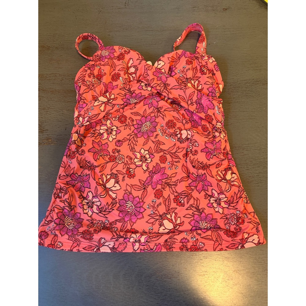 Lands End Coral Pink Floral Underwire Tankini Swim Top Size 8 Sweetheart Twist